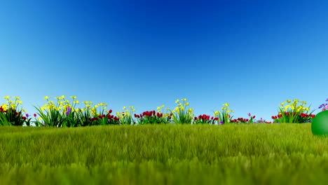 Easter-eggs-on-green-meadow-over-blue-sky,-panning,-Luma-Matte-attached