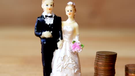 Miniature-bridal-couple-standing-beside-stack-of-coins