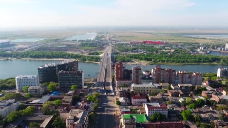 Aerial-view-of-Moscow-with-Moskva-River-from-a-modern-cable-stayed-bridge.-View-from-the-sky-on-bridge-in-the-city-and-lake