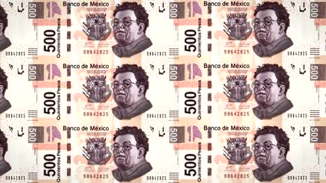 Banknotes-of-five-hundred-mexicans-pesos-rolling-on-screen,-cash-money,-loop