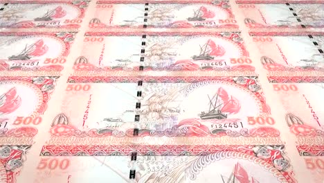 Banknotes-of-five-hundred-maldivian-rufiyaa-of-the-Maldives,-cash-money,-loop