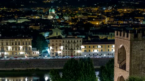 Timelapse-de-vista-nocturna-de-la-puerta-de-San-Nicolás,-Sinagoga,-río-Arno-y-otros-palacios-de-Piazzale-Michelangelo.-Florencia,-Italia