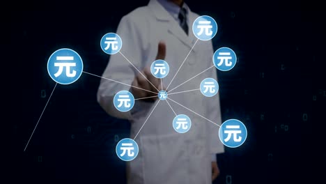 Scientist,-engineer-touching-Yuan-currency-symbol,-Numerous-dots-gather-to-create-a-Pound-currency-sign,-dots-makes-global-world-map,-internet-of-things.-financial-technology