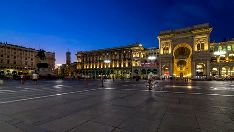 Monument-to-Vittorio-Emanuele-II-and-Galleria-Vittorio-Emanuele-II-day-to-night-timelapse-on-the-Piazza-del-Duomo