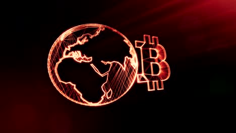 Sign-of-bitcoin-and-earth,-the-globe.-Financial-background-made-of-glow-particles-as-vitrtual-hologram.-Shiny-3D-loop-animation-with-depth-of-field,-bokeh-and-copy-space.-Dark-background-1.