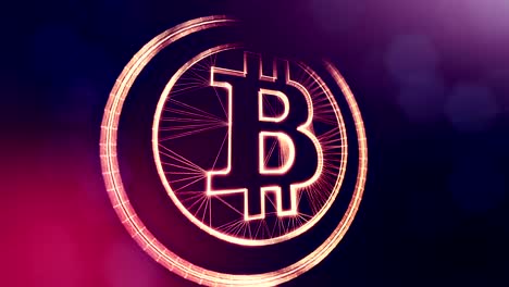 Bitcoin-Logo-im-inneren-Kreise-wie-Münze.-Finanzieller-Hintergrund-aus-Glühen-Teilchen-als-Vitrtual-Hologramm.-Glänzende-Schleife-3D-Animation-mit-Tiefe-Feld,-Bokeh-und-Kopie.-Violettem-Hintergrund-1.