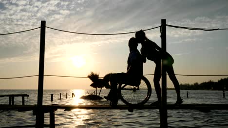 Disabled-person-living-a-full-life,-young-women-with-disabled-male-in-a-wheelchair-on-the-pier-at-waterfront,-background-heaven-in-orange-Sun-rays