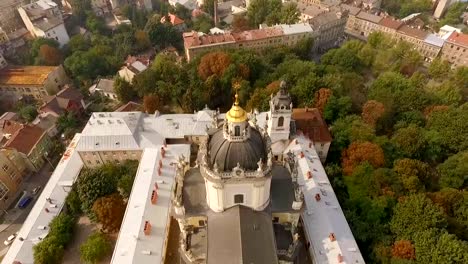 Flying-over-Cathedral-of-St.-Jura-Lviv-Ukraine.-Scenic-view-of-the-old-city-from-a-bird's-eye-view