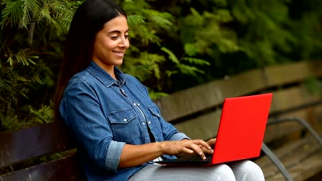 Frau-Chating-online-mit-einem-Laptop-in-einem-park