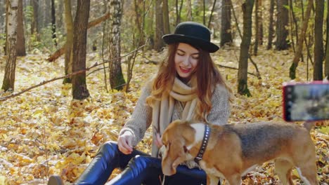 Glückliches-Mädchen-mit-einem-Hund,-posiert-für-ein-Foto-im-herbstlichen-Wald