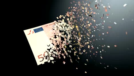 4K-3D-rendering-animation.-The-dematerialization-of-money,-Euros-are-dematerialized-on-a-black-background.