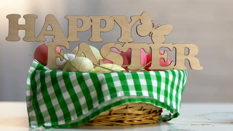 Little-bunny-sniffing-air-looking-for-basket-with-eggs-and-happy-Easter-sign