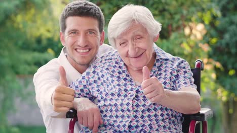 Portrait-of-an-elderly-woman.-The-elderly-person-in-the-nursing-home-and-the-green-of-the-trees-in-the-background.