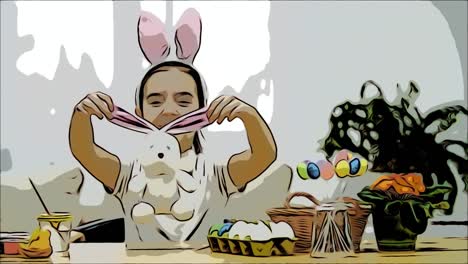 Little-cute-girl-is-having-fun-painting-with-Easter-bunny,-which-has-the-same-ears,-as-she-has.-Smiling-girl-is-expanding-bunny's-ears-and-then-is-hugging-it.-Girl-with-a-beauty-spot-at-her-face-and-is-smiling-widely,-sitting-at-the-wooden-table-with-East