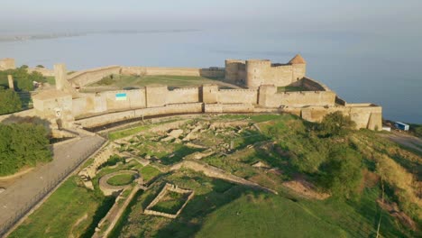 Aerial-view-of-the-Old-fortress-in-Belgorod-Dniester-at-Sunrise,-Ukraine