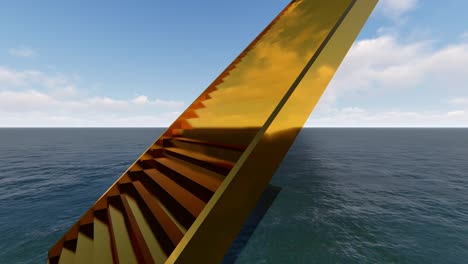 Endless-golden-staircase-3d-looped-animation.-Abstract-stairway-to-heaven-concept.-Surreal-pathway-with-realistic-sea-and-white-clouds-background-video.-Yellow-metal-steps-seamless-footage