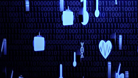 3D-Medical-Technology-Icons-Spinning-and-Hovering-on-The-Random-Binary-Code-Background-with-Blue-Lighting-(Camera-Panning)