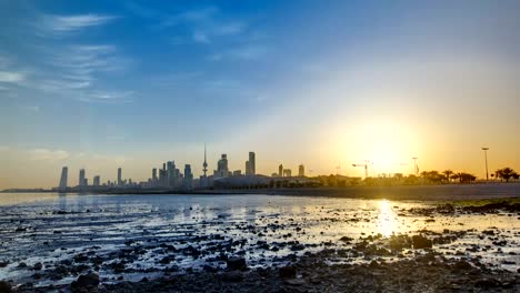 Seaside-skyline-of-Kuwait-city-sunrise-timelapse