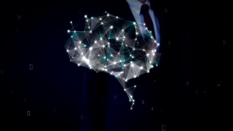 Businessman-touching-Brain-connect-digital-lines,-expanding-artificial-intelligence