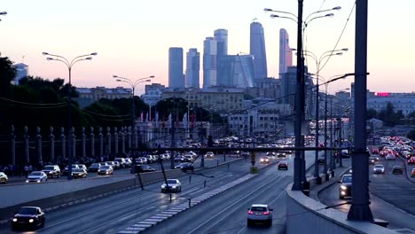 Traffic-on-the-highway-of-big-city-(at-night),-Moscow,-Russia