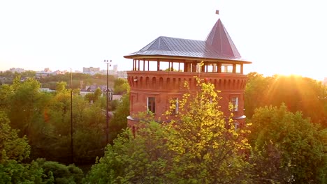 Water-tower-in-Vladimir,-Russia,-aerial-shot