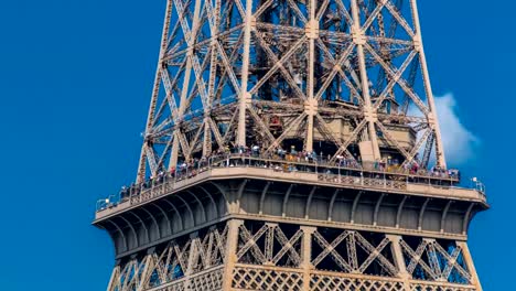 Close-up-view-of-middle-section-of-the-Eiffel-Tower-timelapse-in-Paris,-France