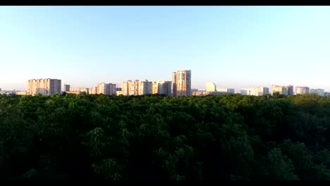 Parque-de-la-ciudad,-verdes-árboles-y-edificios-altos.-Fotografía-aérea.