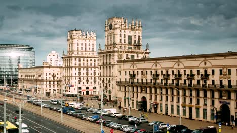 Minsk,-Belarus.-Two-Famous-Buildings-Towers---Gates-Of-Minsk,-Station-Square.-Soviet-Heritage