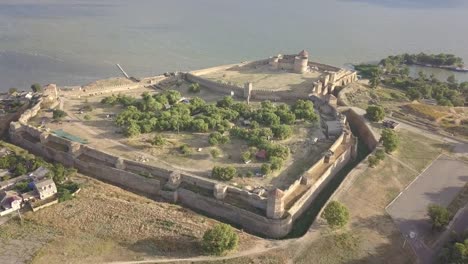 Flying-on-drone-over-ancient-fortress-Akkerman-which-is-on-the-bank-of-the-Dniester-estuary-in-Bilhorod-Dnistrovskyi-city