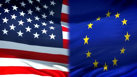 United-States-and-European-Union-flags-background,-diplomacy,-economic-relations