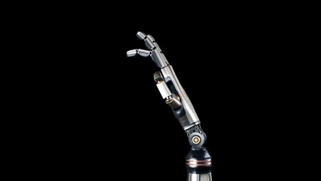 Cyborg-robotic-arm-during-test-action.-Metal-shines,-black-background,-60-fps-animation.