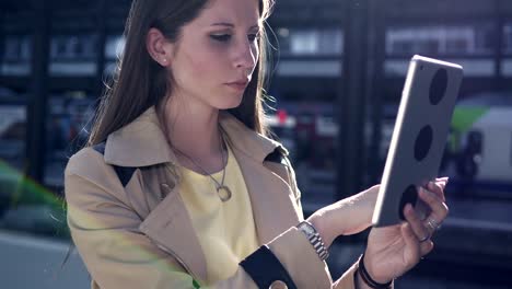 Pretty-Caucasian-woman-communicating-by-sending-text-messages-on-digital-tablet