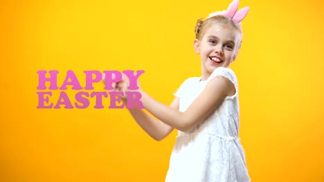 Happy-Easter-sign,-excited-little-girl-playing-and-dancing-with-colored-eggs