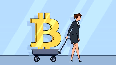 Flat-cartoon-businesswoman-character--pulls-cart-with-bitcoin-sign-money-concept-animation-with-alpha-matte