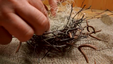 Women's-hands-collect-a-nest-of-twigs