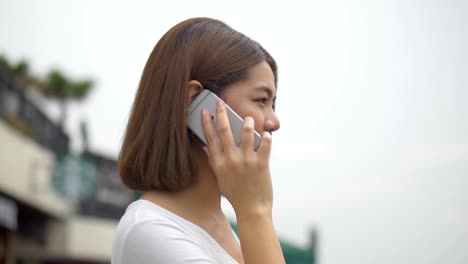 Hermosa-mujer-asiática-hablar-con-el-teléfono-celular-al-lado-del-río.-Close-up-cara-atractiva-y-alegre-joven-asiática-femenina.