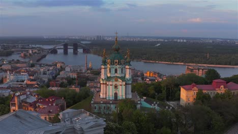 Aerial-view-of-St.-Andrew’s-Church,-historical-center,-Podolsky-district,-Kyiv,-Ukraine