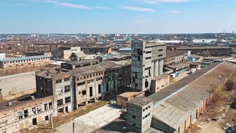 Aerial-view-of-an-old-factory-ruin-and-broken-windows.