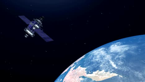 Satellit-fliegt-über-die-Erde-im-Weltraum,-4K-Auflösung-Video