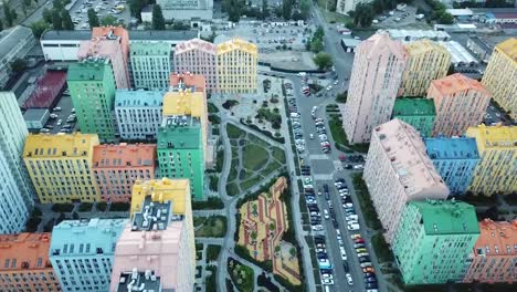 district-of-colorful-houses-in-Kiev,-aerial-view,-Comfort-Town