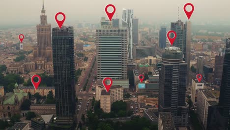 Aerial-shot-of-Warsaw-city-center-with-localization-icons.