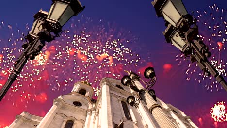 Fireworks-over-the-Christ-the-Savior-Cathedral,-Moscow,-Russia.