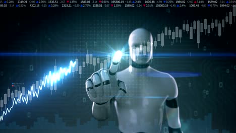 Robot-tocó-la-pantalla,-animación-de-gráficos-del-mercado-de-valores.-aumentar-la-línea.