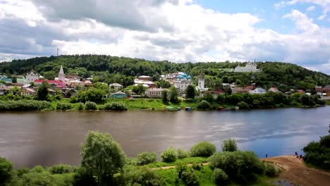 ancient-town-of-Gorokhovets-on-the-river,-aerial-shot,-Russia