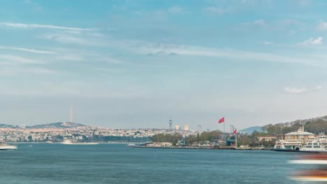 Tourist-ship-and-ferris-traffic-on-Bosphorus-timelapse-view-from-Galata-Bridge-in-Istanbul,-Turkey