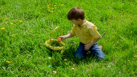 Boy-on-meadow-collect-the-colorful-easter-eggs