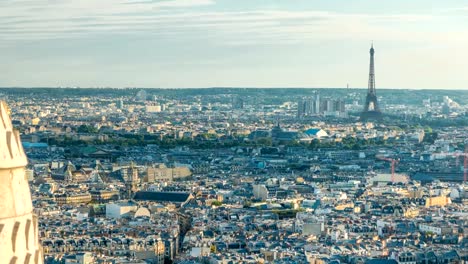 Panorama-of-Paris-timelapse,-France.-Top-view-from-Sacred-Heart-Basilica-of-Montmartre-Sacre-Coeur