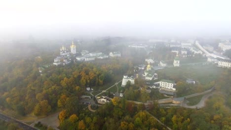 Aerial-view-of-Kiev-Pechersk-Lavra,-Kiev,-Kyiv,-Ukraine.-Kyiv-Pechersk-Lavra-on-a-hill-on-the-banks-of-Dnipro-river.