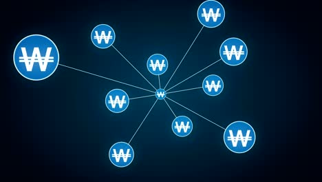 Ganó-el-símbolo-de-moneda,-numerosos-puntos-se-reúnen-para-crear-un-signo-de-moneda,-puntos-hace-mundial-mapa,-internet-de-las-cosas.-technology.1-financieros.