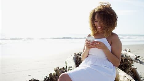 African-American-female-text-messaging-sitting-on-driftwood